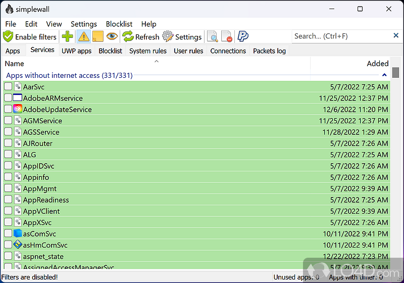 simplewall rules and connection management panel